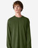 A long sleeve t-shirt in olive green, featuring a plain design and a logo on the chest.