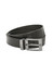 A black leather belt featuring a silver buckle and a simple, classic design.