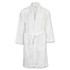 A white waffle bathrobe featuring a tied waist and long sleeves, with a logo on the neckline.