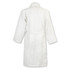A white waffle bathrobe with long sleeves and a belt, featuring branding on the back.