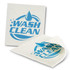 A dish cloth in white with a blue design, featuring a logo and the words "WASH CLEAN."