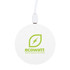 A round white wireless charger with a logo, featuring a green leaf and a lightning bolt design.
