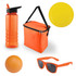 A drink bottle, an orange cooler bag, a yellow frisbee, an orange ball, and orange sunglasses.