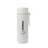 A white insulated drink bottle with a logo and a convenient carrying strap.