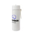 A white insulated drink bottle with a logo, featuring a secure lid and a convenient carry strap.