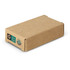 A rectangular, brown cardboard box made from recycled materials, featuring a small logo and recycling symbols.
