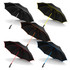 A collection of black umbrellas with coloured accents in orange, red, blue, and yellow. Each umbrella has a branding logo.