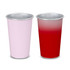 Two cups are displayed, one pastel pink and the other a gradient red, both featuring a metallic interior. Each cup has a logo.