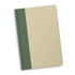 A notebook featuring a cream cover with a green spine. It includes a logo on the front.