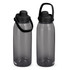 A drink bottle with a sleek, grey design, featuring a black lid and handle. It has a logo on the side.