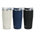 A drink bottle set featuring three CamelBak Thrive vacuum tumblers in white, navy, and black. Each has a lid and a logo.