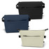 A collection of three toiletry bags in black, navy blue, and cream, featuring pockets and a logo.