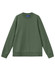 A unisex crew neck sweater in olive green, featuring long sleeves and a ribbed hem. It has a logo on the inside label.