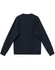 A back view of a navy unisex crew neck sweater featuring long sleeves and a simple design. It has a logo on the back.