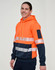 A safety hoodie in fluorescent orange and navy with segmented reflective tapes. It features a hood and a logo.