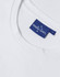 A white men's premium cotton short sleeve T-shirt with a logo tag on the collar.