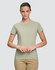 A light green premium cotton short sleeve tee shirt for women, featuring a fitted design and a simple logo.