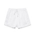 White dress shorts featuring an elastic waistband and drawstring, with side pockets and a branding logo.