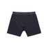 A pair of navy blue boxer shorts with an elastic waistband and a plain design.