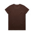 A brown t-shirt with short sleeves and a plain back. It features a logo on the back.