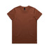 A brown t-shirt with a round neck and short sleeves, featuring a logo at the neckline.