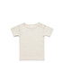 A light cream organic infant t-shirt featuring short sleeves and a snap closure at the shoulder, with a logo.