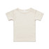 A light beige organic infant t-shirt with short sleeves and shoulder snaps, featuring a simple design.