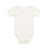 A cream-coloured infant one-piece with short sleeves and snap closures at the shoulder and bottom. It has a logo.