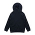 A navy blue hooded jumper with a kangaroo pocket and a hood at the back. Features a branding logo on the front.