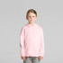 A pink hoodie featuring a front pocket and a hood, designed for children. The garment has a logo on it.