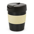 A drink bottle featuring a black body with a cream band and a black lid, including a logo.