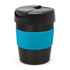 A drink bottle in black with a blue silicone grip, featuring a secured lid and a sleek design.