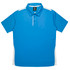 A blue polo shirt featuring white accents, short sleeves, and a collar with three buttons. It has a logo on the tag.