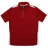 A red polo shirt with white side accents and a collar, featuring a logo on the neckline.