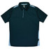 A dark navy polo shirt with light blue accents and a collar, featuring a logo on the neckline.