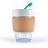 A reusable coffee cup featuring a clear glass body, a cork band for insulation, and a white lid with a green straw.