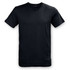 A plain black unisex T-shirt features a crew neck and short sleeves. It has a logo on the front.