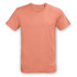 A plain unisex T-shirt in a coral colour, featuring short sleeves and a round neck. It has a logo on the tag.