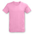 A plain pink unisex t-shirt with short sleeves and a round neck, featuring a logo on the tag.