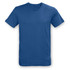 A blue unisex T-shirt with short sleeves, featuring a plain design and a logo on the upper side.