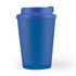 A reusable coffee cup in vibrant blue with a matching comfort lid, featuring a logo on the side.