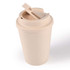 A reusable coffee cup in a beige color with a lid and a sliding opening mechanism. Features branding.