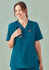A teal women's scrub top with a V-neck and two front pockets, accompanied by a stethoscope.