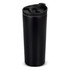 A drink bottle in sleek black with a push-button lid and a stainless steel interior. Features a logo on the side.