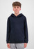A navy blue hoodie with a front pocket, featuring a hood and a relaxed design. It has a logo on the side.