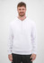 A white men's hoodie with a front pocket and hood, worn by a smiling individual. It features a logo on the chest.