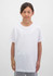 A white short sleeve tee for kids, displayed on a model standing against a neutral background.