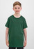 A green short sleeve tee for kids displayed on a young boy, featuring a simple design and a logo.