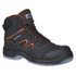A black and orange composite air boot featuring a waterproof design and safety toe. Includes a logo on the side.