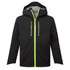 A black shell jacket with a zippered front and bright green accents, featuring a hood and multiple pockets.
